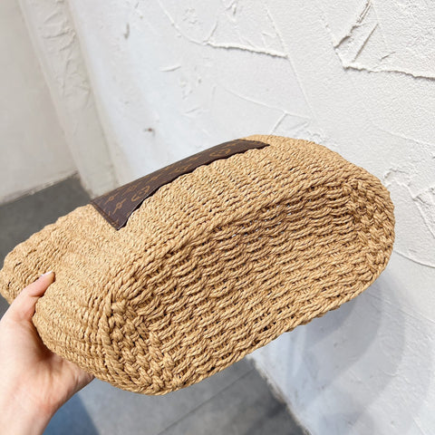 Leather-paneled Woven Straw Bag