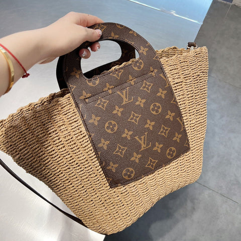 Leather-paneled Woven Straw Bag