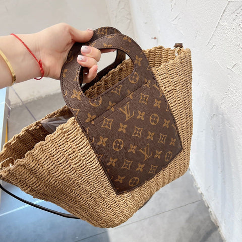 Leather-paneled Woven Straw Bag