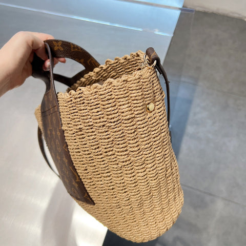 Leather-paneled Woven Straw Bag