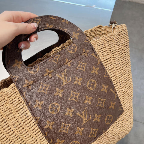 Leather-paneled Woven Straw Bag