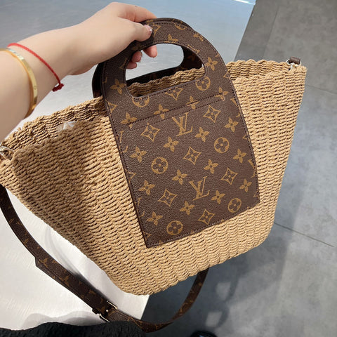 Leather-paneled Woven Straw Bag