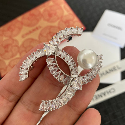 Sparkling Crystal Pearl Logo Brooch